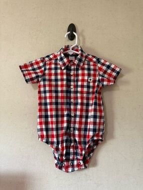 Carter’s Plaid Red White Blue Button Up Onesie 18 mo